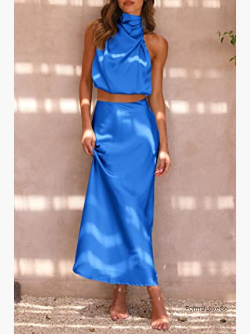 2 Piece Satin Mock Neck Crop Top & Maxi Skirt Set Summer Outfit - Picture 3 of 7